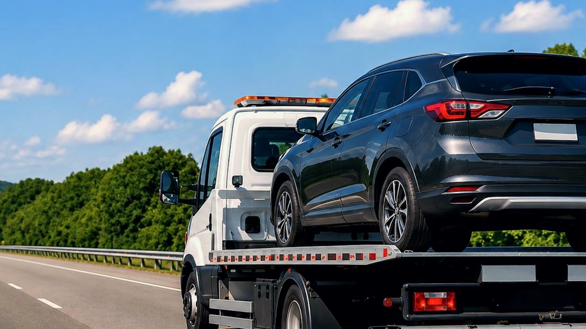 Flatbed tow truck hauling an SUV near Winchester, KY